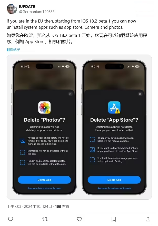 东成镇苹果手机维修分享iOS 18.2 支持删除 App Store 应用商店 